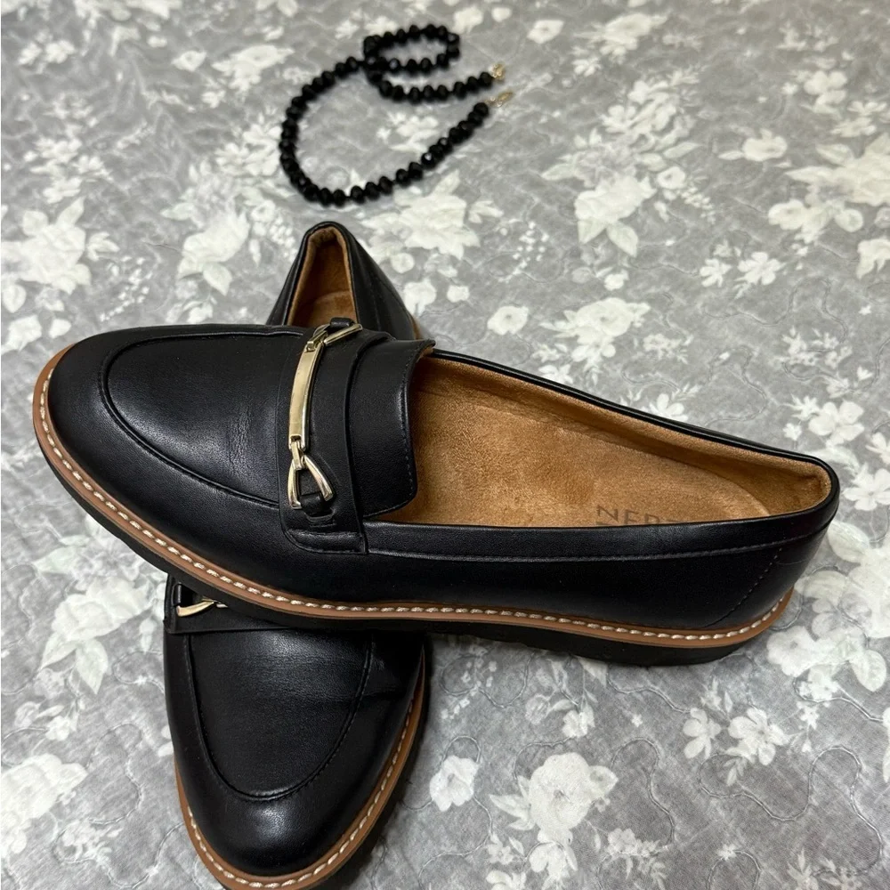 Naturalizer Black Leather Loafers with Gold Accent - Picture 3 of 10